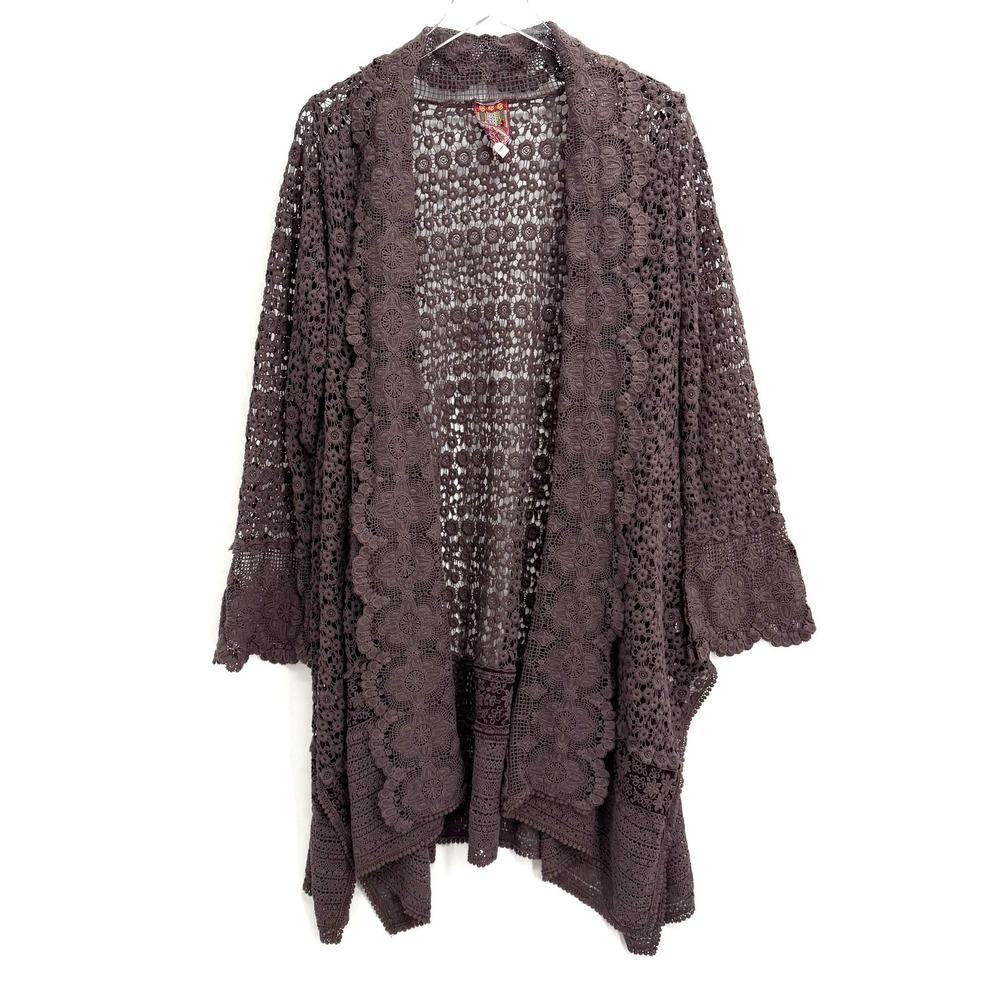 Johnny Was Floral Crochet Lace Open Front Cardigan XL Brown Cottage Boho FLAWS